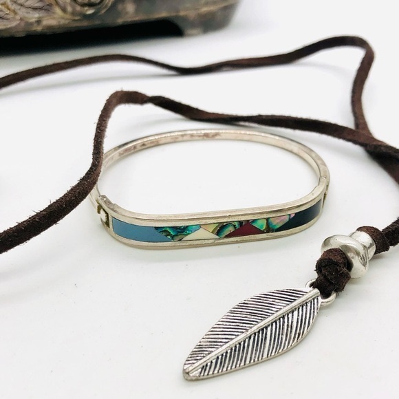 Vintage Southwestern Feather Lariat & Abalone Inlay Bracelet - Picture 6 of 12
